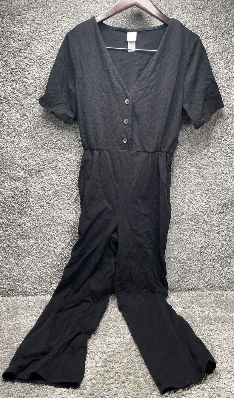 H&M Black Pants Jumpsuit Short Sleeve Button Front Size Medium Solid